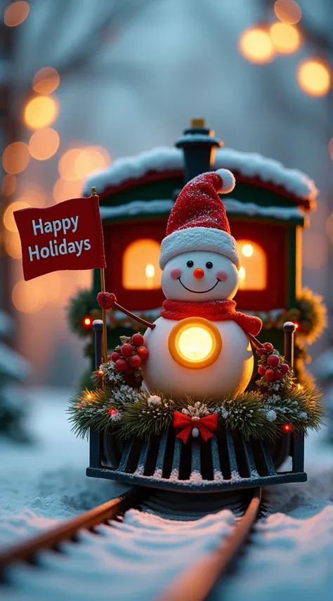 This image shows a festive holiday scene featuring a miniature train moving through a snowy landscape. The train is adorned with Christmas decorations, including garlands and wreaths, with a dusting of snow on its roof. At the front of the train is a cheer...