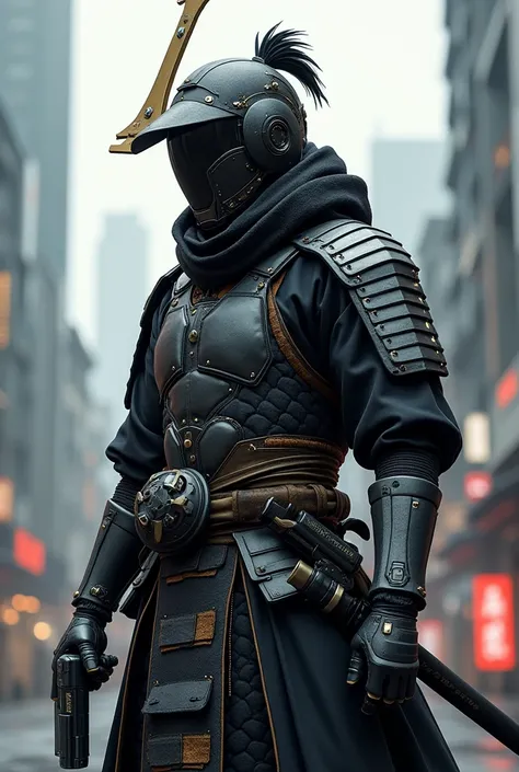 A modern Asian samurai mixing original period attire with modern and futuristic 21st century military attire with a holstered pistol 