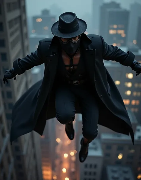 Spider-Man dressed in a black overcoat and black leather mask like that of Spider-Man Noir, Antique black hat, black leather clothing, Old Black Aviation Ocolus ,  jumping off a building at night in an epic pose 