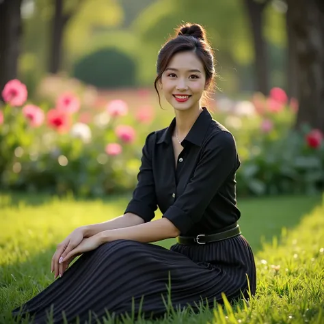 a beauty woman, bun black hairstylish, wear black dressed shirt elegantly clothes long skirt elegantly clothes, in 1940s of atmosphere, natural, sweetly smile, sit on green grass, fashion, pose, modeling of photographer, beautiful nature, classic graphics,...