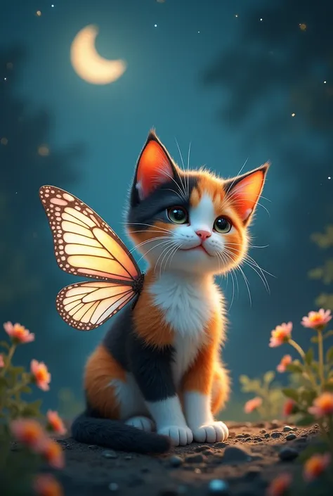 Calicon kitten with butterfly wings at night