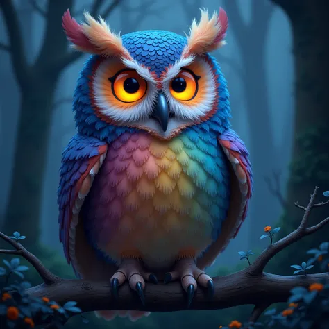  Realistic, Kazkovo-cartoon world, high quality ,  highly detailed ,  hyperrealistic ,  extremely realistic ,  photorealistic , 8k,  A huge owl sits on the background of the night forest,  in an owl, feathers are disheveled and with curls , feathers of an ...