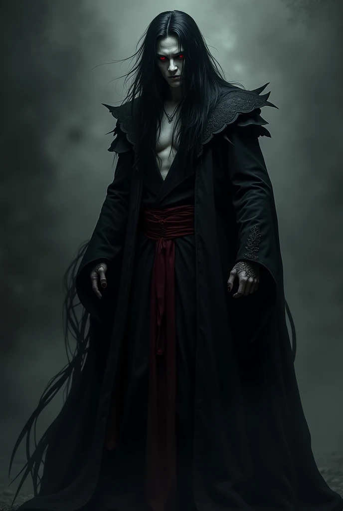  in a dark and dark setting a handsome young necromancer with his enormous black hair beating up to his waist,  appearing to be only 20 years old and 2 meters tall , his white and pale skin like a  ,  mysterious red eyes and an imposing black robe .