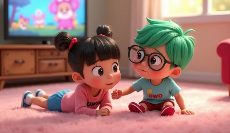 Uwu and Owo in a cozy living room scene. Uwu, a cute  girl, is lying on her stomach on a soft pastel-colored carpet, watching TV intently. Her hair is styled in two buns on top with bangs, and she is wearing a pink sweater with "uwu" written on the front, ...