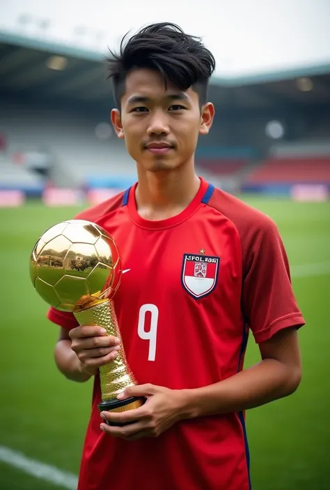  Photo of a black-haired Indonesian youth with bright white skin handsome and tall.  Wearing Indonesia National Jersey .  Won Champion  "ASEAN CUP " . Backstage of the football field  