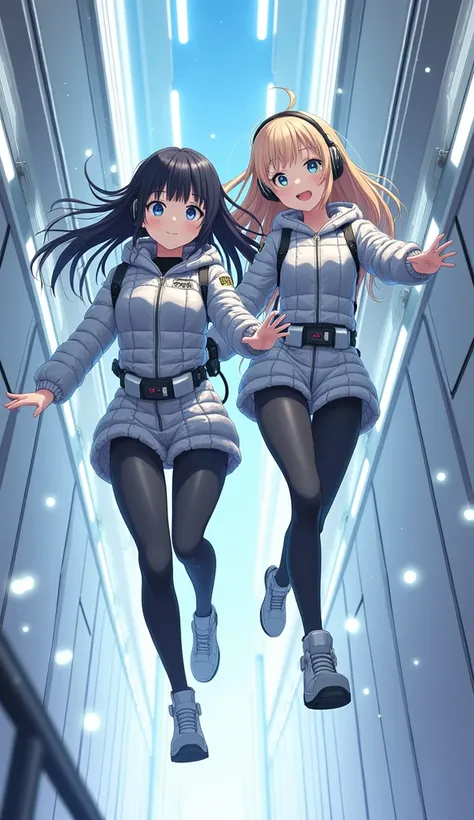 masterpiece, best quality, ultra-detailed, anime style, lovelive character style, 2female japanese idols in spacesuits floating in zero gravity, sci-fi corridor interior, sleek and futuristic white metallic walls and panels, dramatic upward angle view, bla...