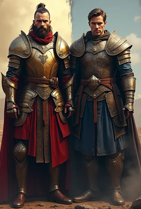  A man with brilliant and detailed armor , showing confidence and victory ,  with an upright posture ,  as if he had won the war effortlessly . Next to him,  a man with completely shattered and damaged armor ,  with visible injuries and an expression of ex...