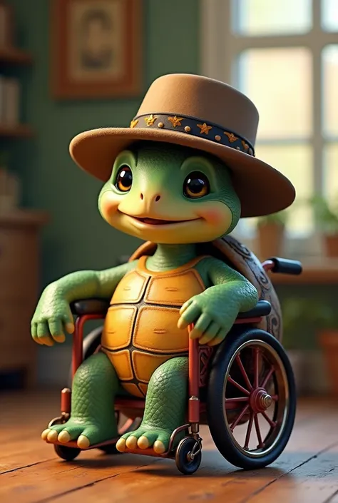 Create a turtle in a hat sitting in a wheelchair