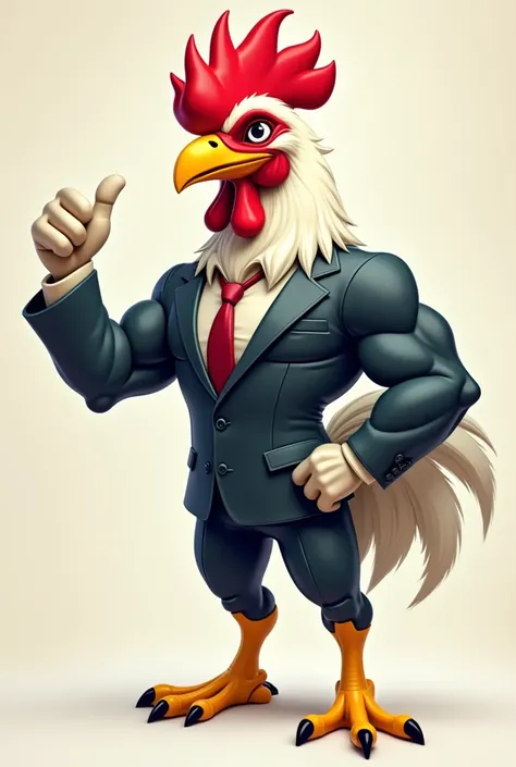 A humanoid rooster with white feathers and a cool red crest , with yellow legs and an orange beak in a pose giving a like and wearing a suit promoting a business and that the rooster is muscular and giving a like