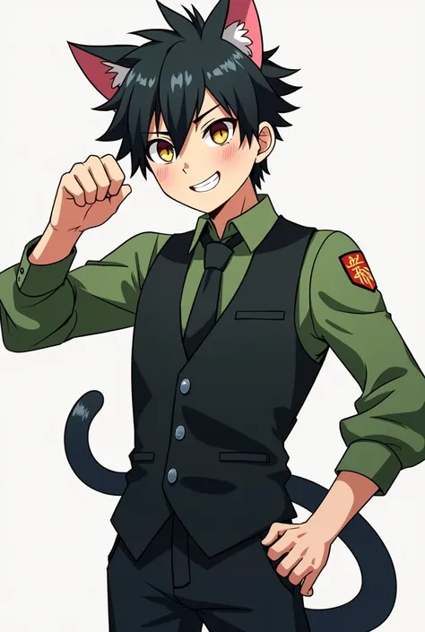 Anime drawing guy in green vietnamese soldier shirt posing with black hair anime guy cat ears wearing black vest black tie