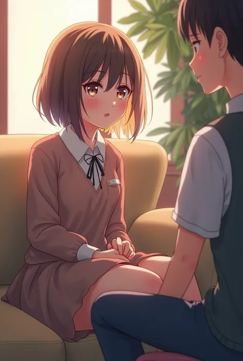 anime girl sitting on couch looking at someone next to her