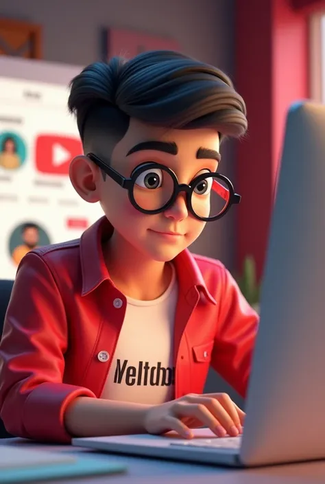 ” Create a 3D illustration featuring a realistic 20-year-old beautiful Indian realistic boy busy Developing  software in front of a 3D logo of “YouTube” The boy wearing Red & white casual Shirts, with glasses , Undercut hair style, The background of the im...