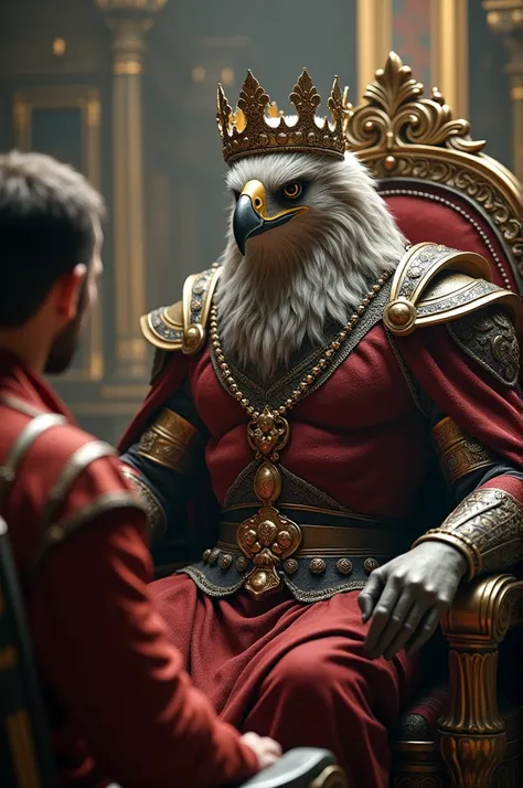 Hyperrealistic HUMANOID with the head of an Eagle with a crown and the clothes of a king sitting talking to a man.  4K HDR with lots of details .  The humanoid is extremely muscular and strong. volumetric light, rtx reflections, Increased