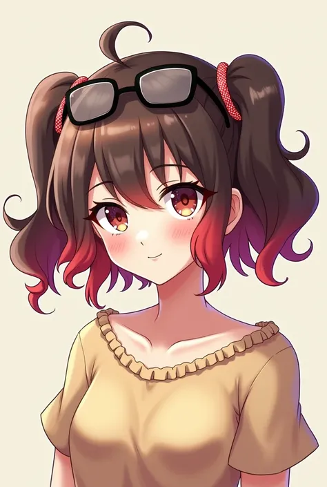 Female character two short brown and red pigtails with tie and black glasses in her hair