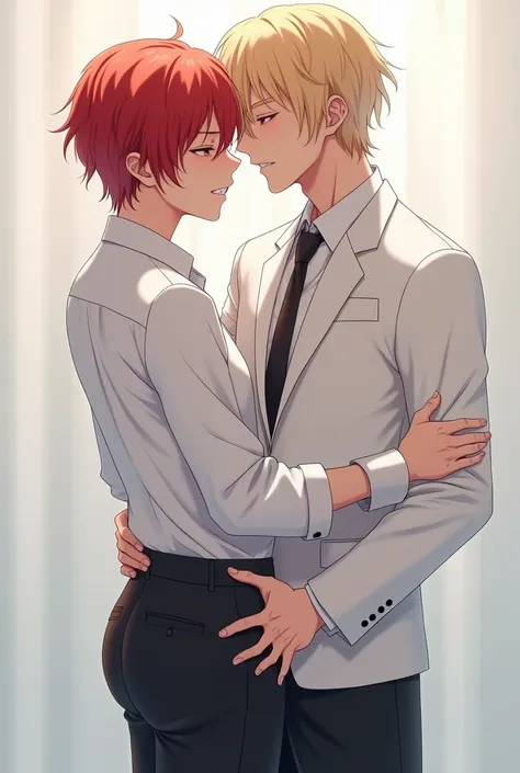 2boys gay anime groping buttocks、 A white shirt that falls on him black pants leather shoes in a white suit, one blond and the other with red hair 