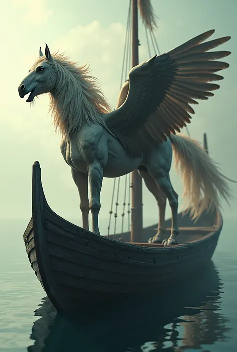 An eagle with horse legs on top of a boat 