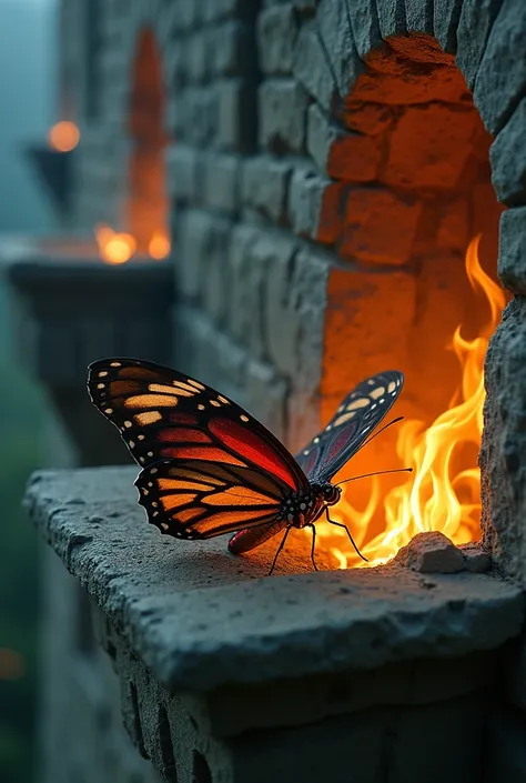 Realistic photograph of a butterfly dying while burning in fire, Background is on the balcony of a stone castle, it vibrates sadly with dull colors