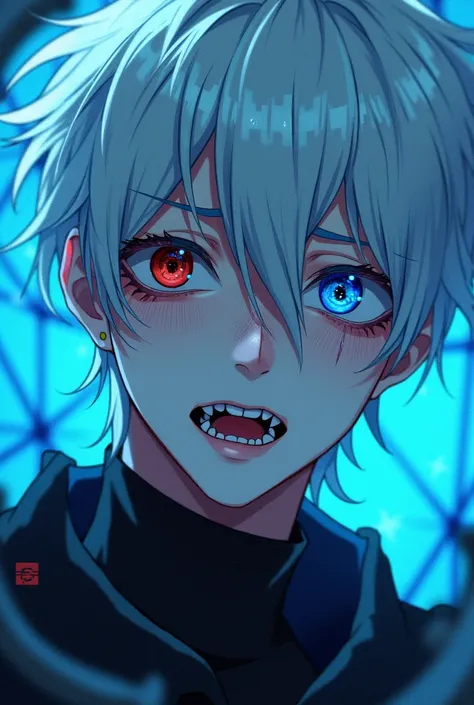 white hair, blue mesh, blue eyes, red eyes, odd-eye, two-block, hanging eyes, cool crying, bokuro anime, chic clothes, double teeth 男 目の中に星