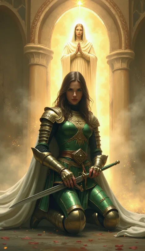  female warrior medieval Templar  ,   dark brown hair  ,  kneeling in front with a sword  ,  emerald green and gold armor with a white cape  ,  escorted and defended by the Virgin Mary  ,   behind the Virgin Mary the golden white energy of God the creator ...