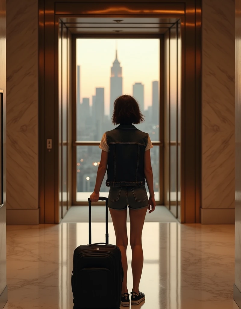 Wide shot from behind of a determined young woman casually waiting and facing the elevator doors in a massive hyper-modern 5-star New York hotel lobby at dusk. The woman is short. She has her hair cut into a messy dark brown bob, and she is wearing a black...