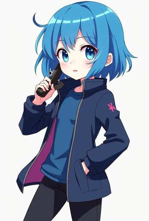 Cartoon girl with short blue hair with a dark blue jacket with black pants with a gun in hand with white skin