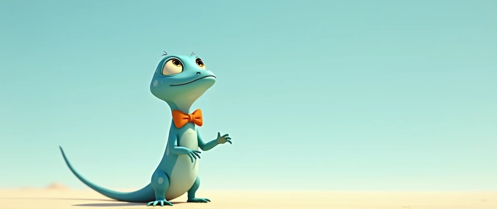 A lizard with smooth, light blue skin and small white spots, standing on two legs with his head tilted back, looking at the sky with wonder. His large eyes with dilated pupils sparkle with curiosity, and his orange bow tie adds a playful touch. Rendered in...