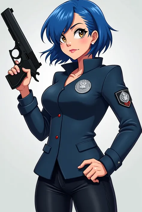 Cartoon woman with short blue hair with a dark blue jacket with black pants with a gun in hand with a Silver badge