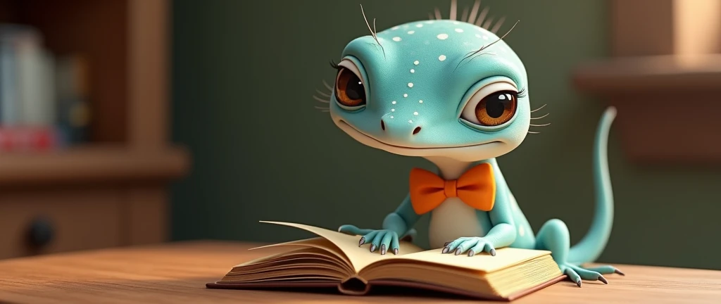 A lizard with smooth, light blue skin and small white spots, sitting upright with a tiny open book resting in his paws. His large eyes with dilated pupils are focused intently on the pages, and his orange bow tie gives him a scholarly yet playful appearanc...