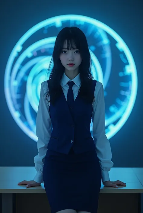   sexy Japanese woman , Age 25, self-defense officer ,uniform, white shirt,   Long Sleeve ,Navy blue vest, navy blue tie , navy blue pencil skirt,  standing,  in front of a spiral computer screen ,  she was hypnotized ,  her eyes swirled ,  she was staring...