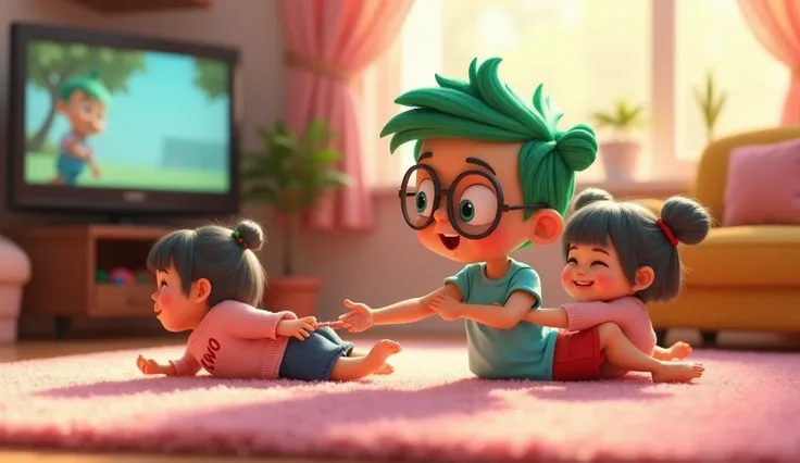 Owo and Uwu in a cozy living room scene. Owo, an  boy, is sitting on a soft pastel-colored carpet behind Uwu. He has bright green hair, big round glasses, and is wearing a light blue t-shirt with "owo" written on it, red shorts, barefoot. Owo is gently pul...