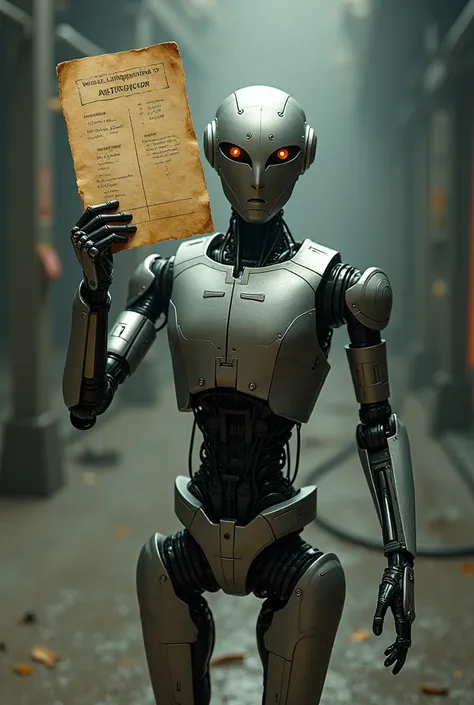 A robotic figure holding a piece of paper with cryptic writing, non-human,  looking directly at the viewer ".