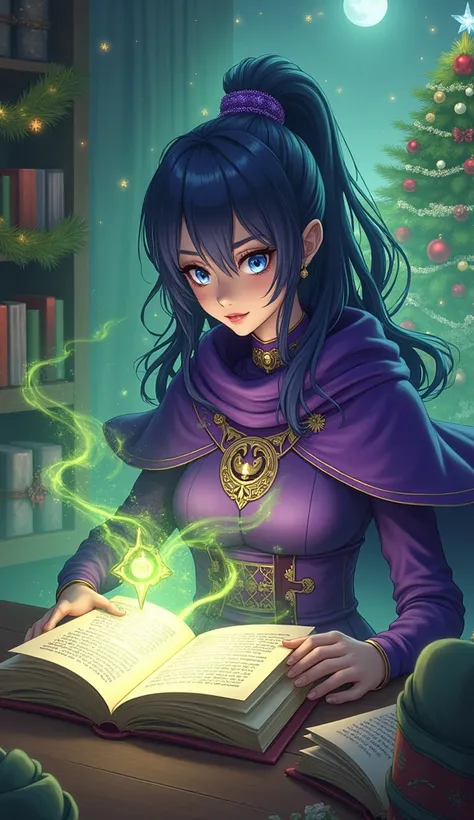 Sorceress anime version of purple clothes, blue eyes and purple cape ,  with magic circle , reading a magic book,  that come out green souls ,  Christmas ornaments,  Christmas tree,  gifts and Santa Claus 