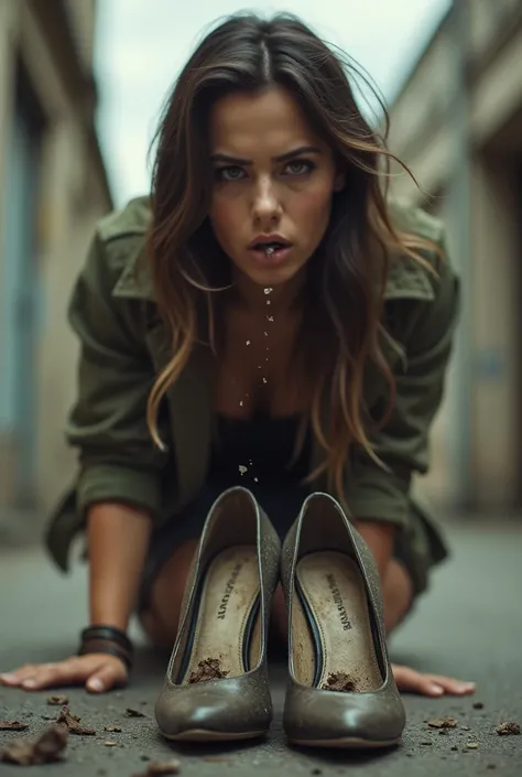 Woman spitting under the sole of dirty pumps in the foreground