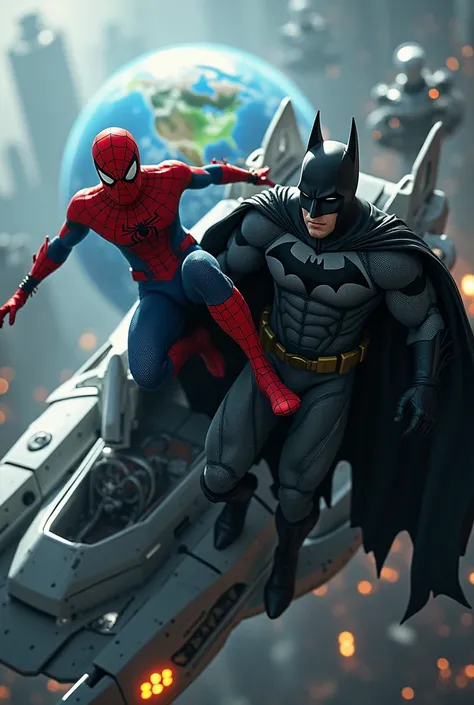 Batman flies with Spiderman in a spaceship with Earth behind them