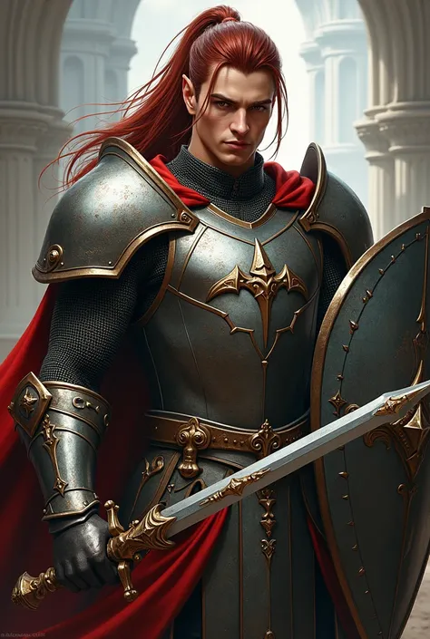 male elf paladin wearing chain mail with dark red ponytail hair brown eyes wielding a warhammer and shield only from waist up perspective