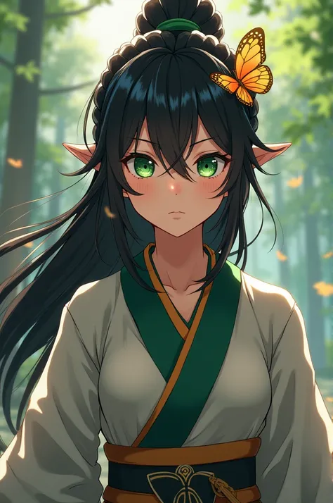  Create a Demon Slayer style image 
A girl with long hair tied up in a thick and long braid, the green eyes,  with a butterfly clasp on the braid , with the uniform of the butterfly estate  