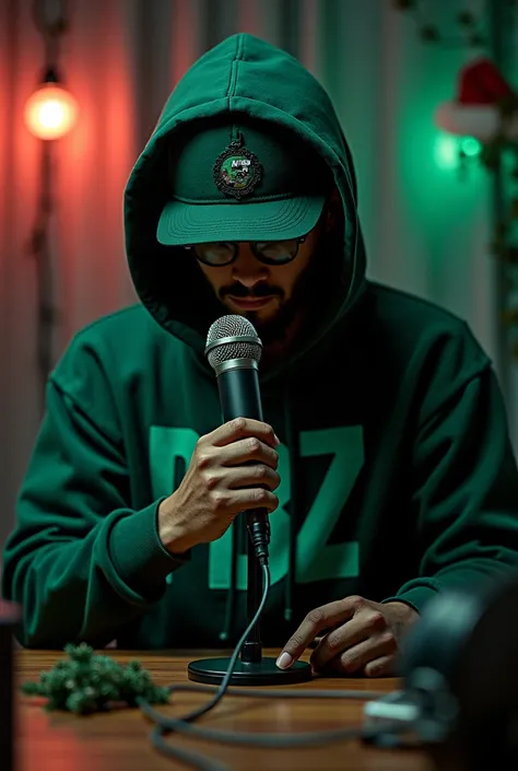  A young rapper sitting in a hooded home studio covers his face and faces a microphone and in green letters he fronts the image that says  " PBZ OFFICIAL "  and in red letters very large on the front that says  "LINK X LINK " y que toda las letras en grand...