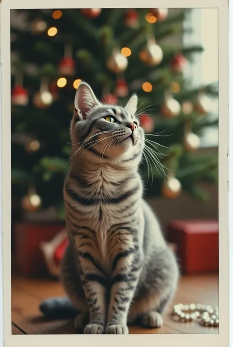 The Christmas gray-reddish cat, filmed on a polaroid, is very cute, contented, arches his back and smiles against the background of a decorated Christmas tree. the atmosphere of comfort, the smell of baking, coffee and kindness.