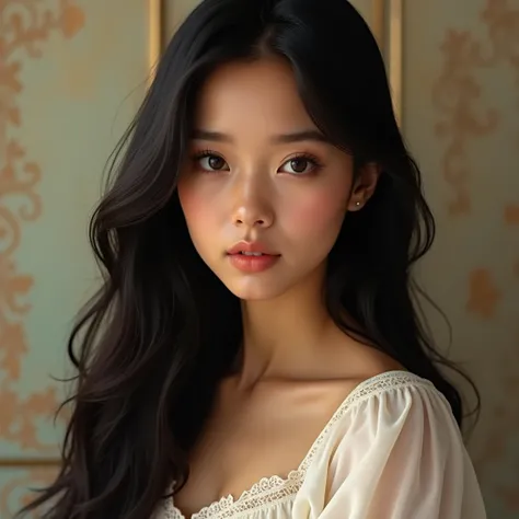 "A young woman with striking features, having long straight black hair that flows gracefully over her shoulders. She has brown eyes with a soft and thoughtful gaze. Her skin is glowing and fair, She Wears a delicate white blouse with lace details, creating...