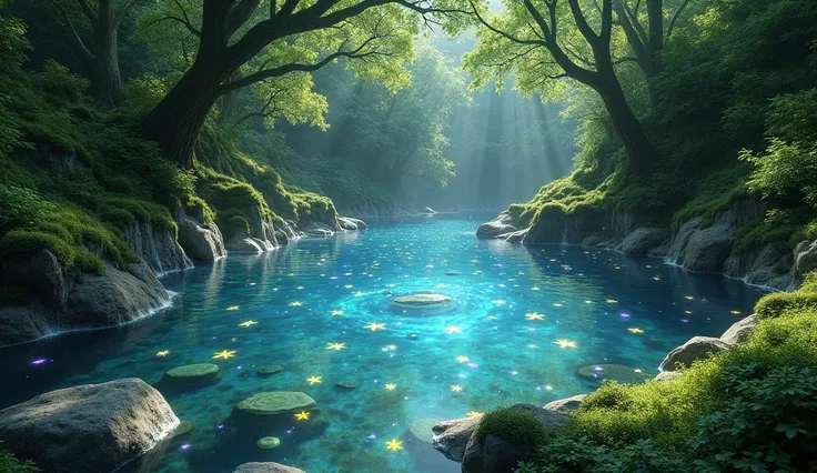 In the middle of a forest of green fluffy trees that cover the sky is a natural pool of starlight. The natural pool is filled with shiny stars, yellow, purple and blue stars flow through the water of the pond.