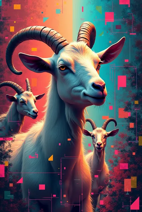 " An abstract illustration of AI algorithms that are intertwined with images of goats and memes, merging into a chaotic visual mix ".