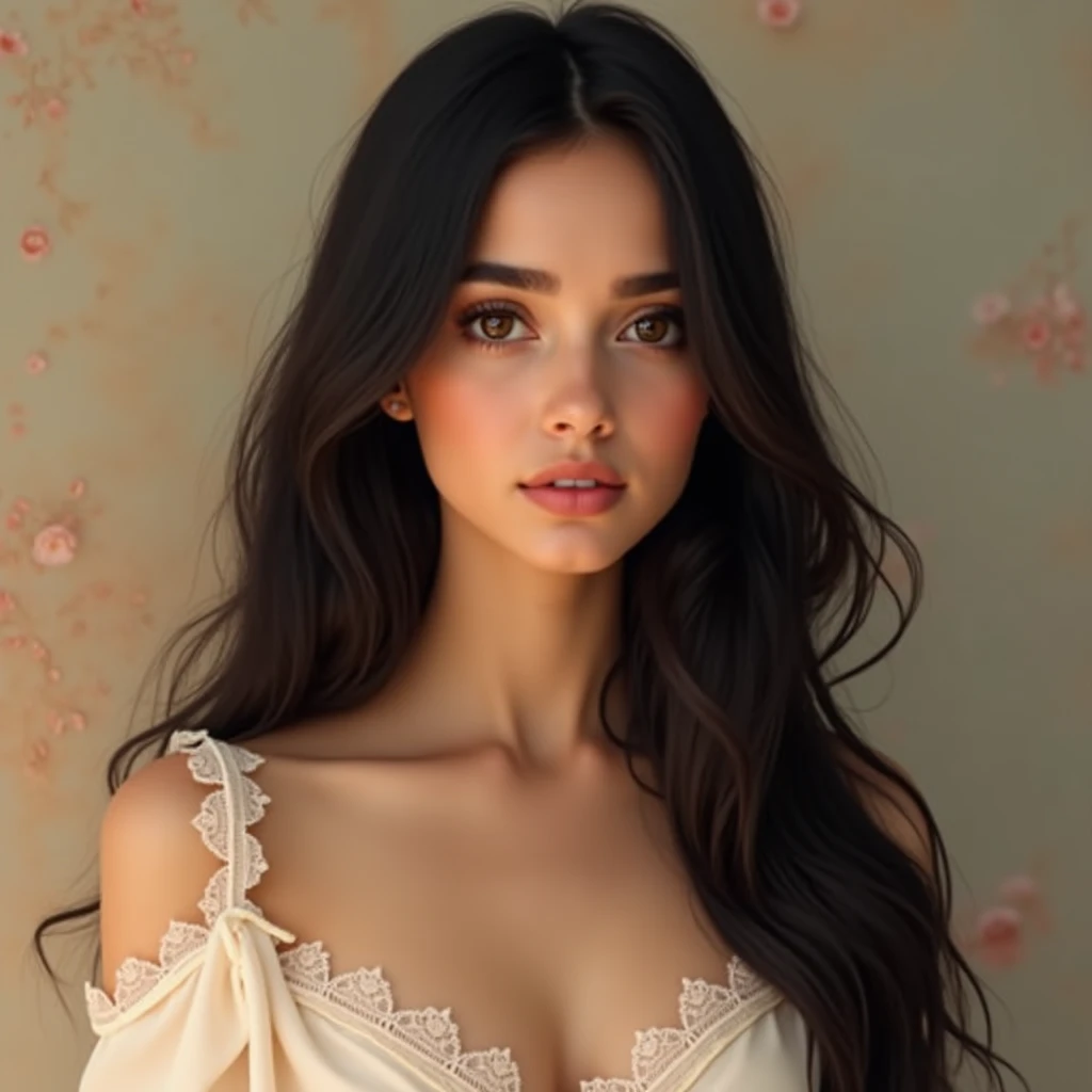 "A young woman with striking features, having long straight black hair that flows gracefully over her shoulders. She has brown eyes with a soft and thoughtful gaze. Her skin is glowing and fair, She Wears a delicate white blouse with lace details, creating...