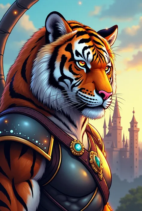 Draw by hand in American comic style a beautiful warrior with a tigers head and a human body,  with a shiny symbol stone on his forehead and shiny symbol stones floating around him, Close to a magic castle 