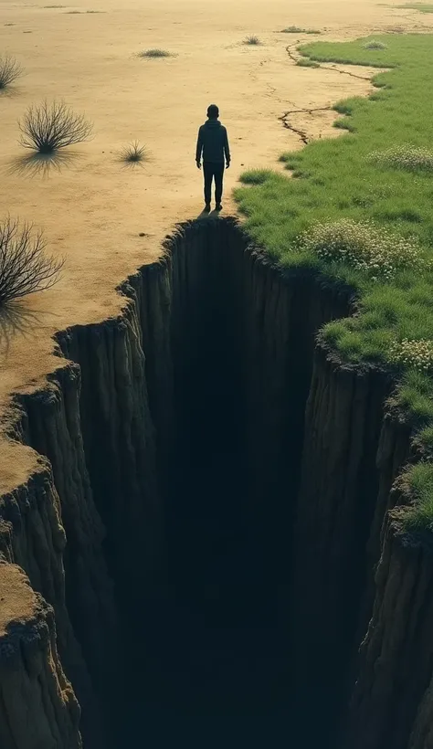 Shadow of a person facing an abyss ,  the ground is mud-colored brown and the bush is dry , And on the other side of the abyss it is green and flowery ,  the abyss is sober and dark and you cant see whats down there. The sides are separated diagonally . 