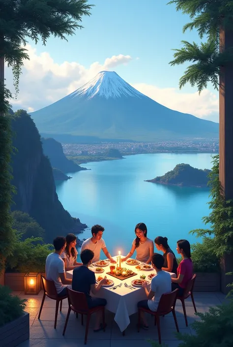 people eating at a square table on a terrace overlooking a lagoon and a volcano in the background 