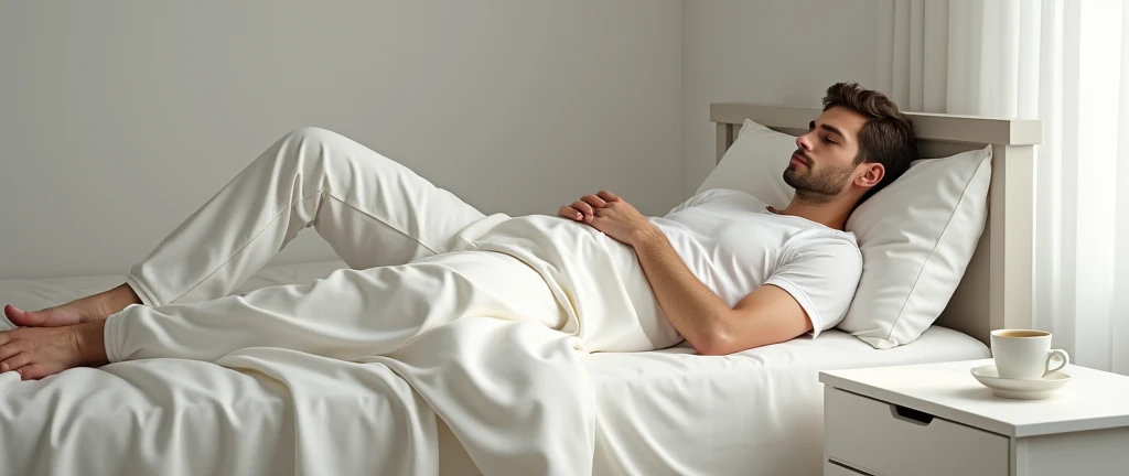 a cup of coffee above a white chest of drawers beside the bed, a young man lying in the bed, wearing white T-shirt and white long pants, realistic style, realism, realistic style, realism