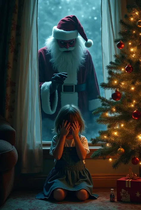 Evil Santa stand behind the window and look inside room. Girl in jeans dress sitting under window and holding shes hands on the eyes. In corner of room stand very beautiful Christmas tree