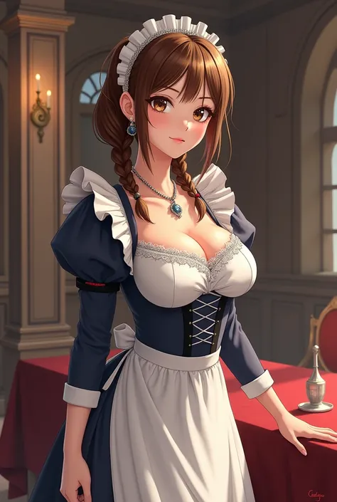 in anime, brown-haired woman wearing medieval maid clothes,  big breasts 