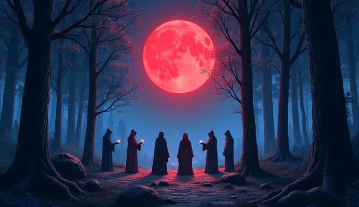 hand drawn illustration of A secret magic cult gathered in the middle of the forest at night reverencing the red moon,  conceptual art,under the，  anime style  ，Dreamland Wonderland、Fantasy，    masterpiece  ，HD，colorful， detailed details 