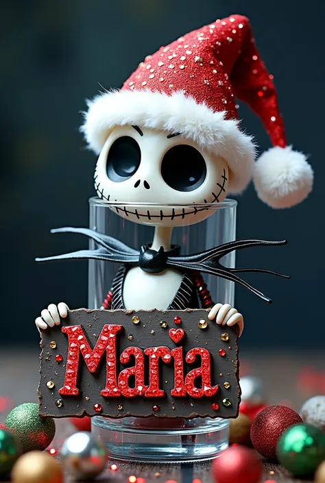  Create a vibrant and festive illustration of a glass with a Jack Skellington print ,  designed completely with sparkles ,  gems and colorful rhinestones . She wears a sparkly Santa hat decorated with multi-colored jewels and holds a sign that prominently ...